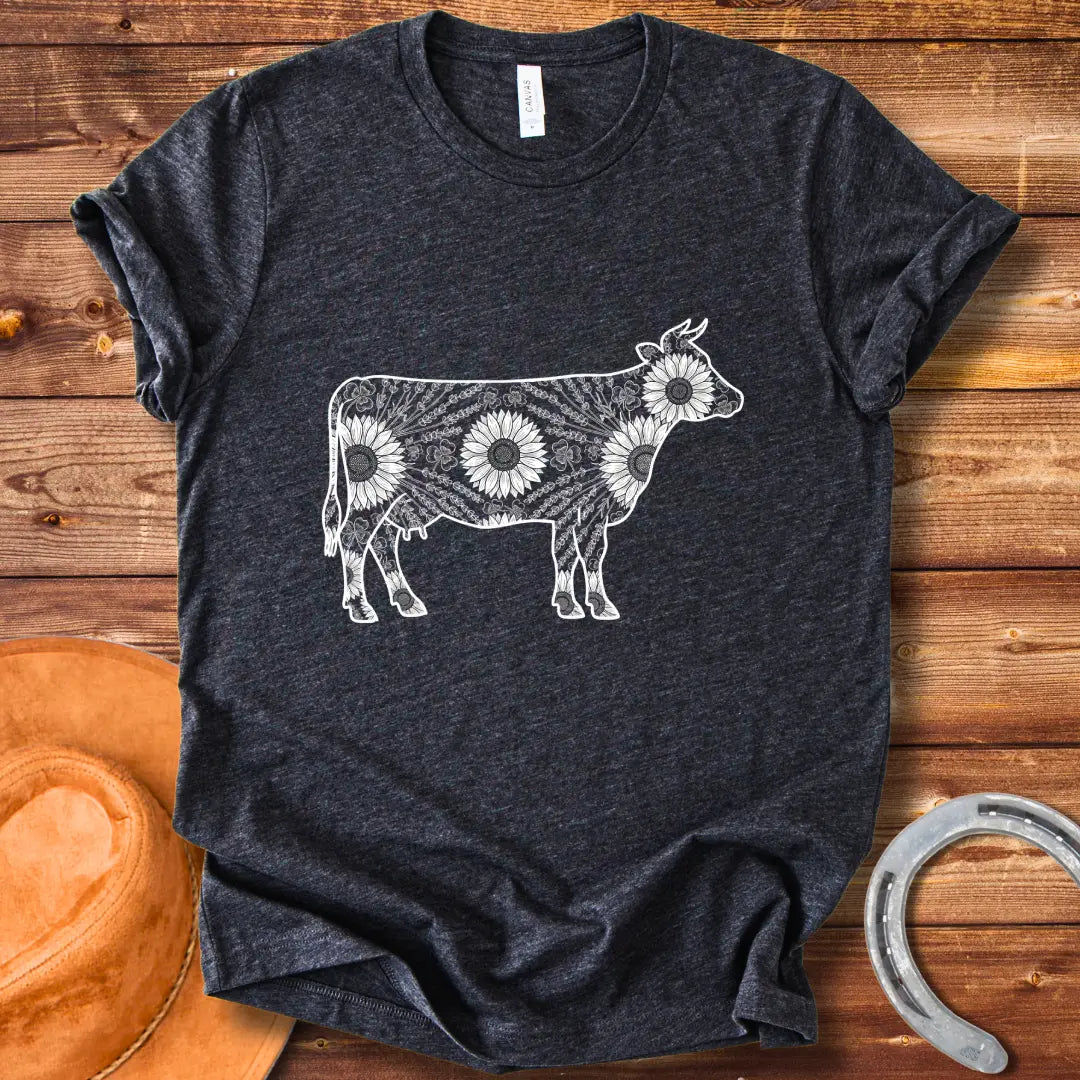 Botanical Cow Sketch T-Shirt featuring a cow silhouette filled with flowers and foliage