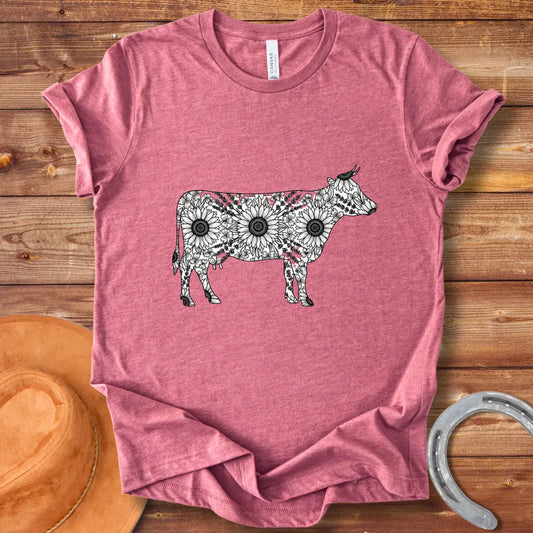 Botanical Cow Sketch T-Shirt featuring a cow silhouette filled with flowers and foliage