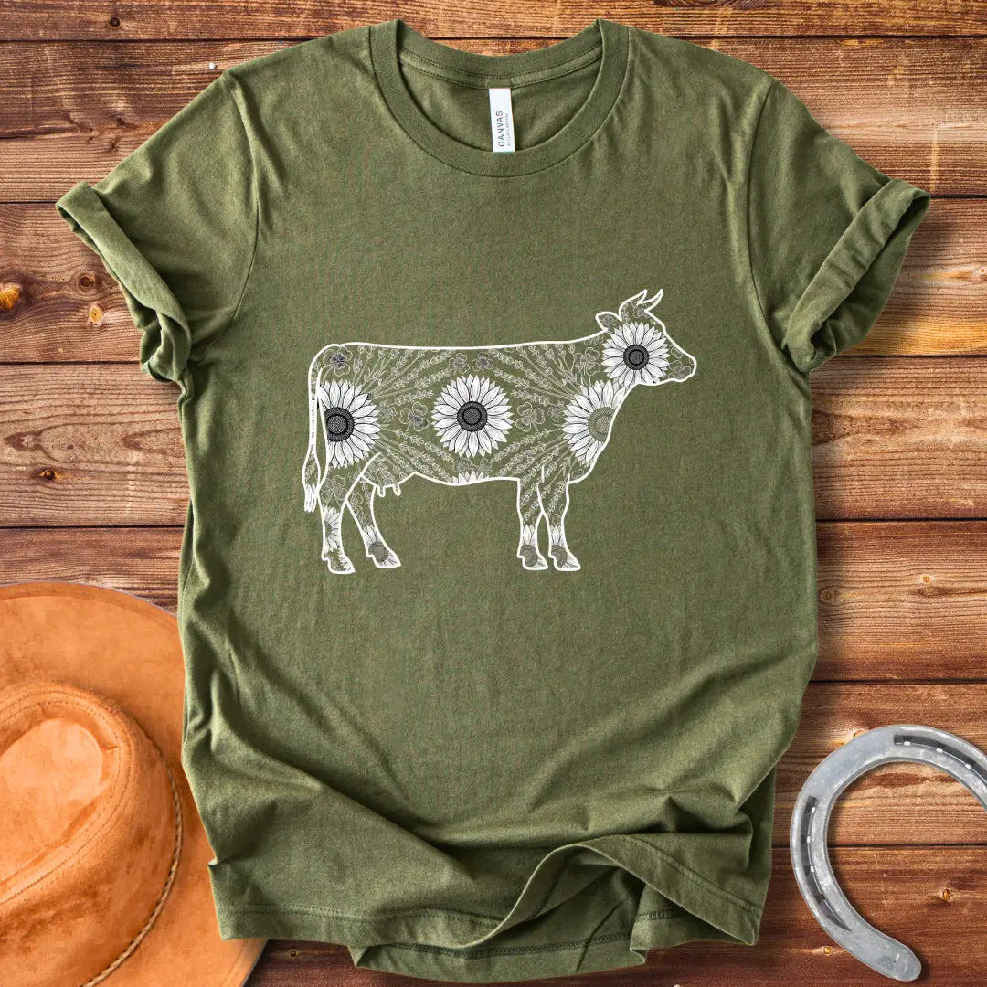 Botanical Cow Sketch T-Shirt featuring a cow silhouette filled with flowers and foliage