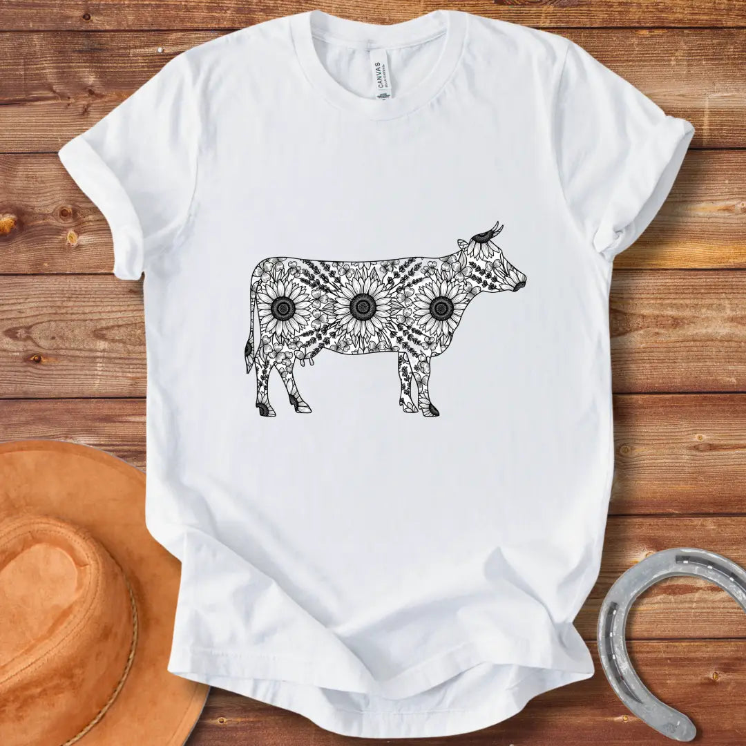 Botanical Cow Sketch T-Shirt featuring a cow silhouette filled with flowers and foliage