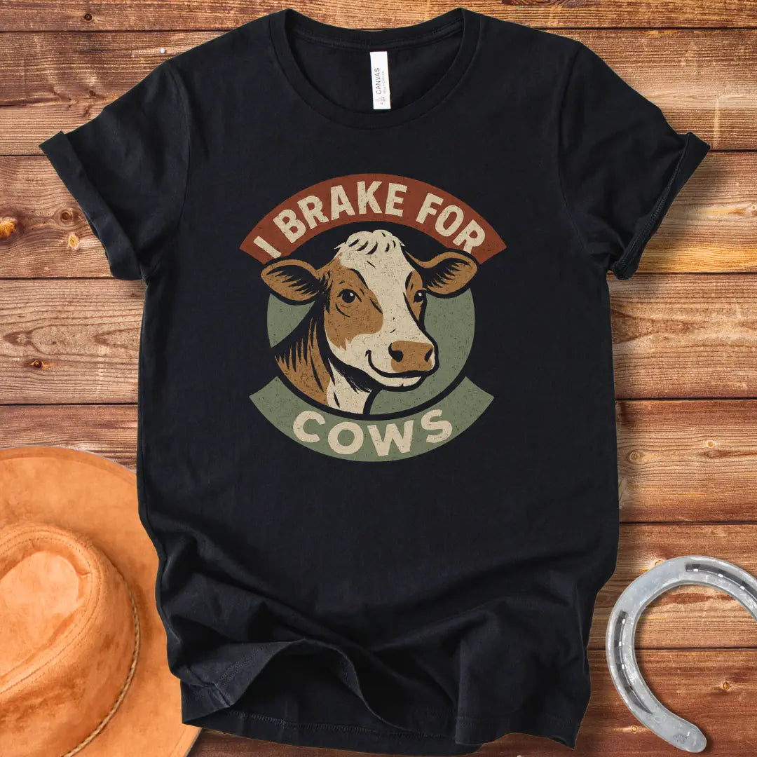 Brake for Cows T-Shirt with a smiling cow design in a vintage style.