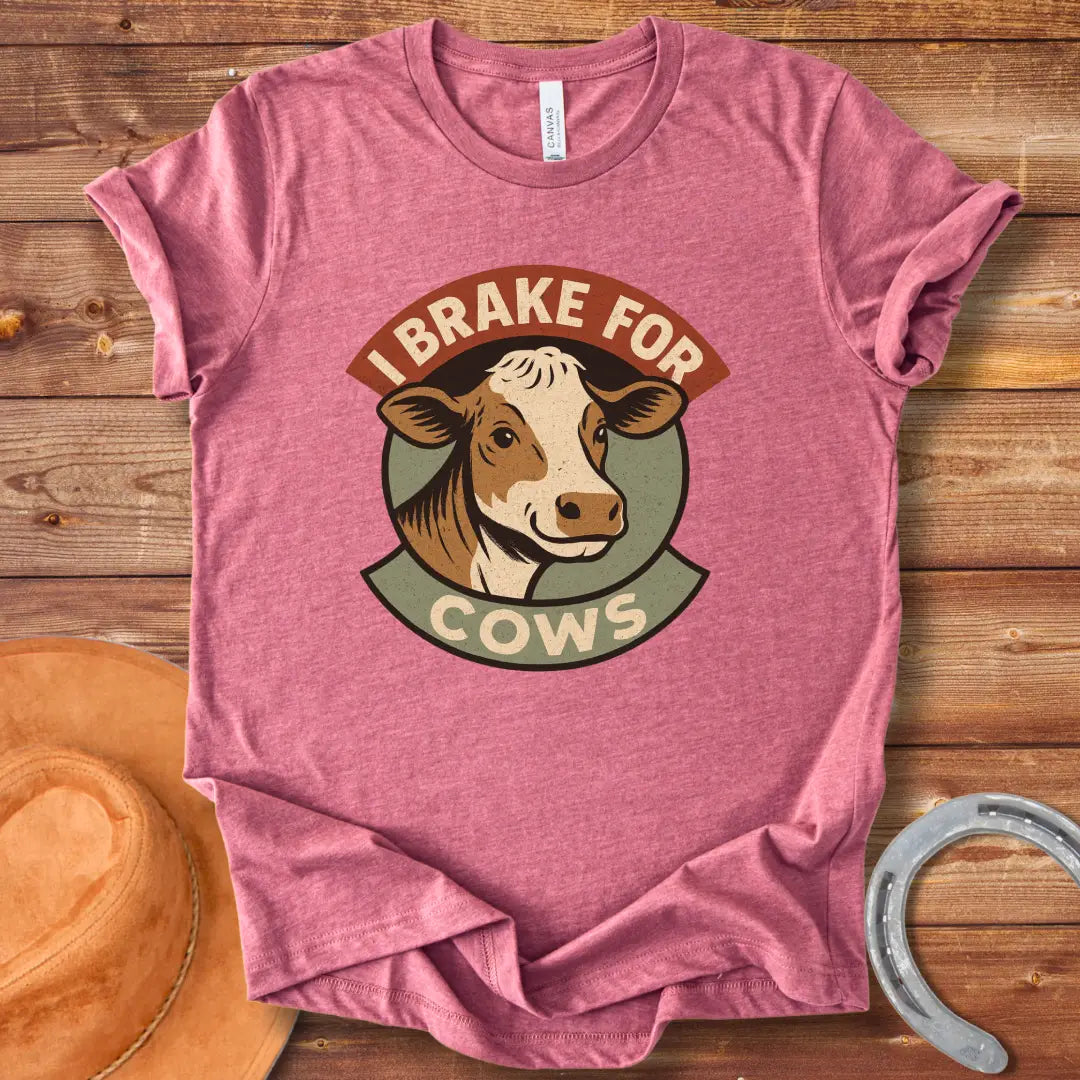 Brake for Cows T-Shirt with a smiling cow design in a vintage style.