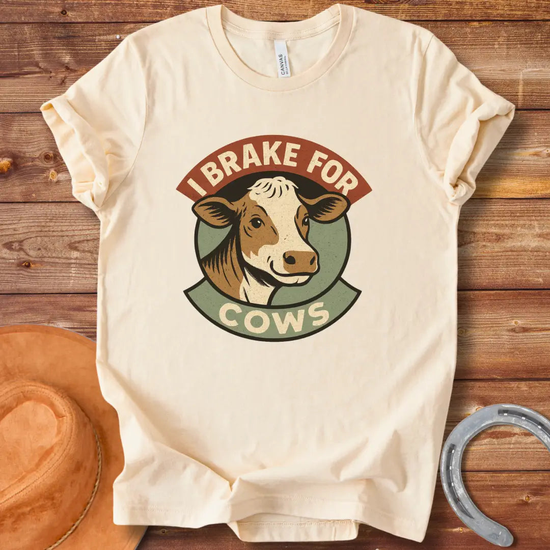 Brake for Cows T-Shirt with a smiling cow design in a vintage style.