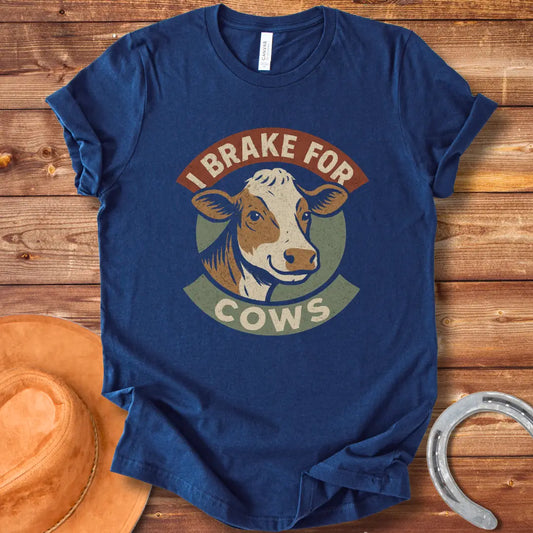 Brake for Cows T-Shirt with a smiling cow design in a vintage style.