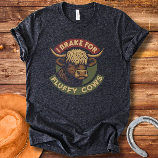 Illustration of a Highland cow's head with the text 'I Brake For Fluffy Cows'