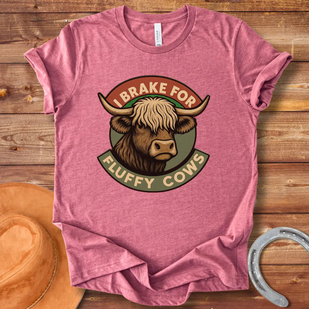 Illustration of a Highland cow's head with the text 'I Brake For Fluffy Cows'