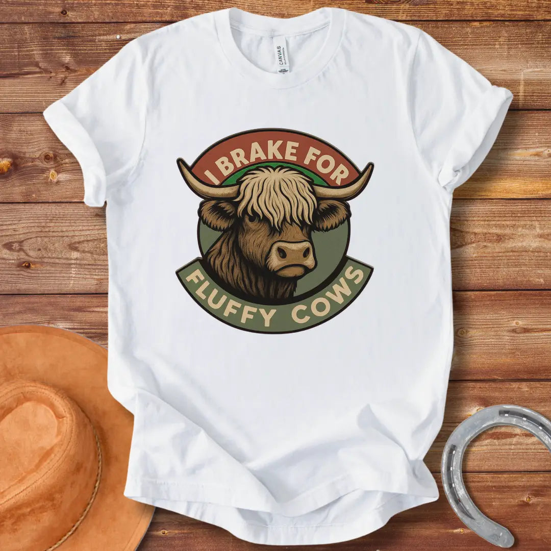 Illustration of a Highland cow's head with the text 'I Brake For Fluffy Cows'