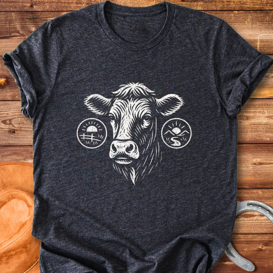 Cattle head silhouette with sunrise, valley, and farmland details, illustration t-shirt design.