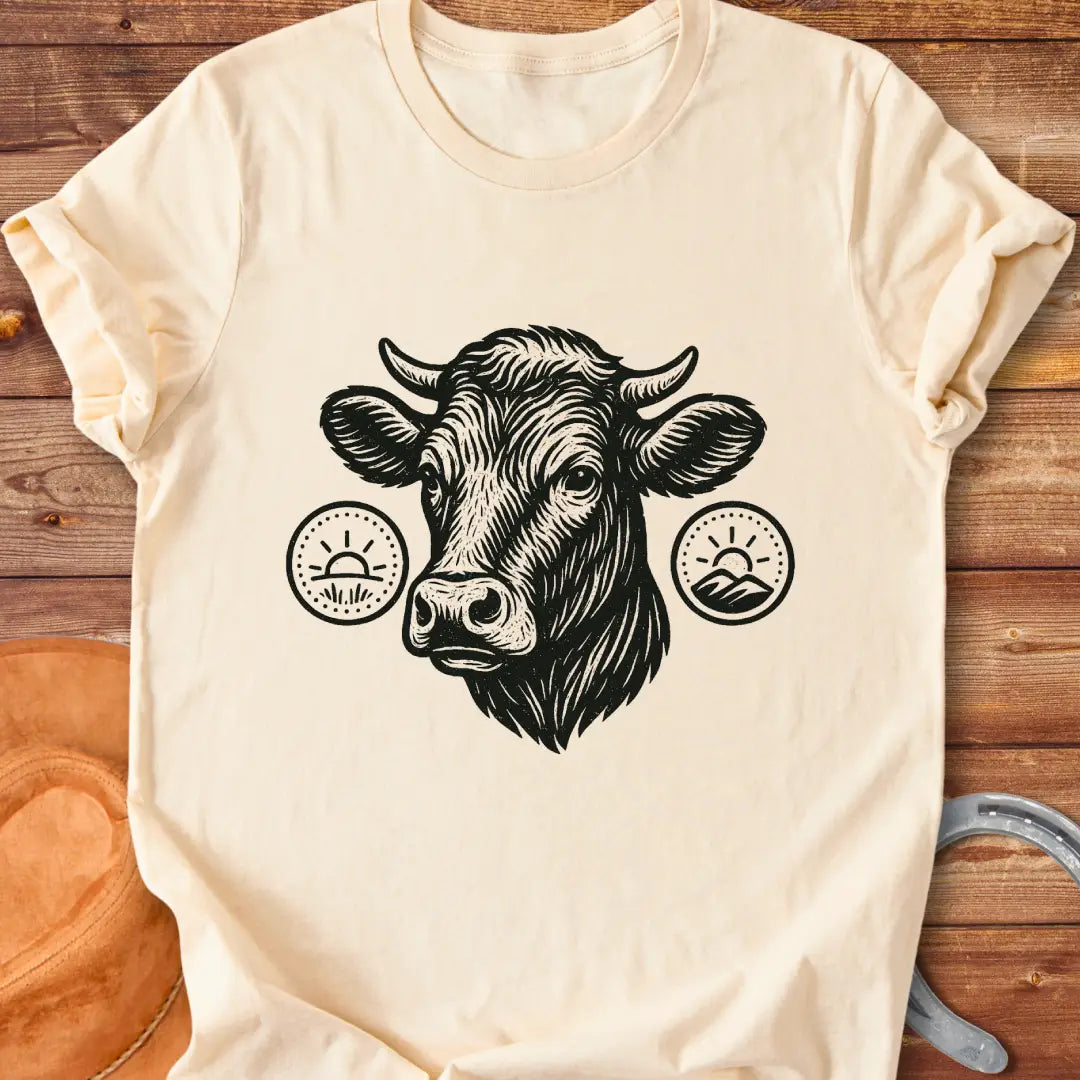Cattle head silhouette with sunrise, valley, and farmland details, illustration t-shirt design.