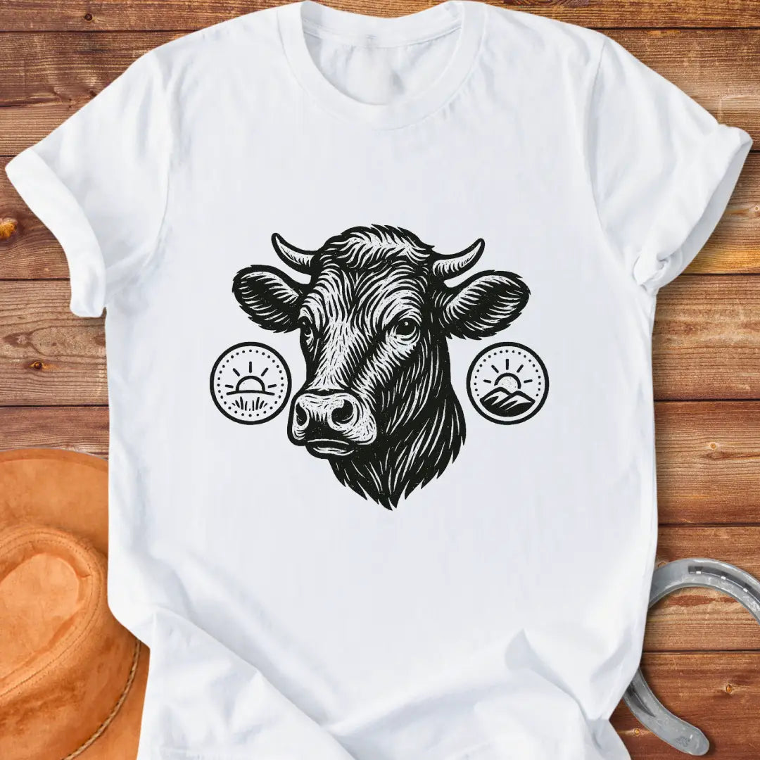 Cattle head silhouette with sunrise, valley, and farmland details, illustration t-shirt design.