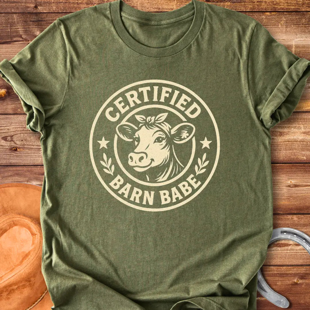 Certified Barn Babe T-shirt design with a happy cow illustration inside a circular badge.