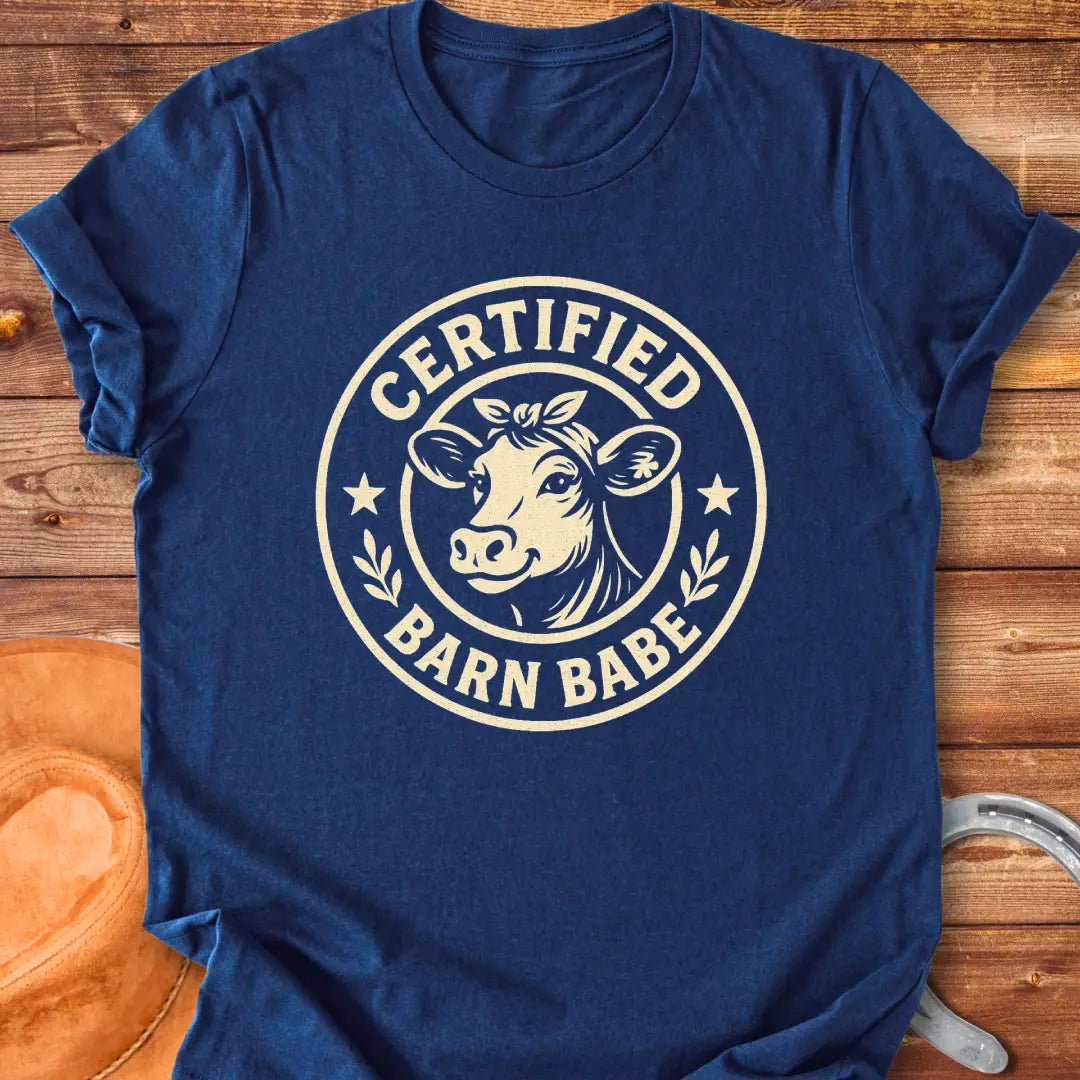 Certified Barn Babe T-shirt design with a happy cow illustration inside a circular badge.
