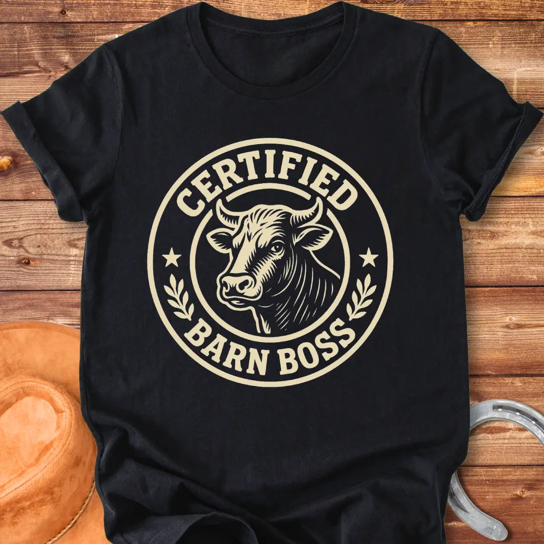 Certified Barn Boss t-shirt design with a bull's head inside a circle