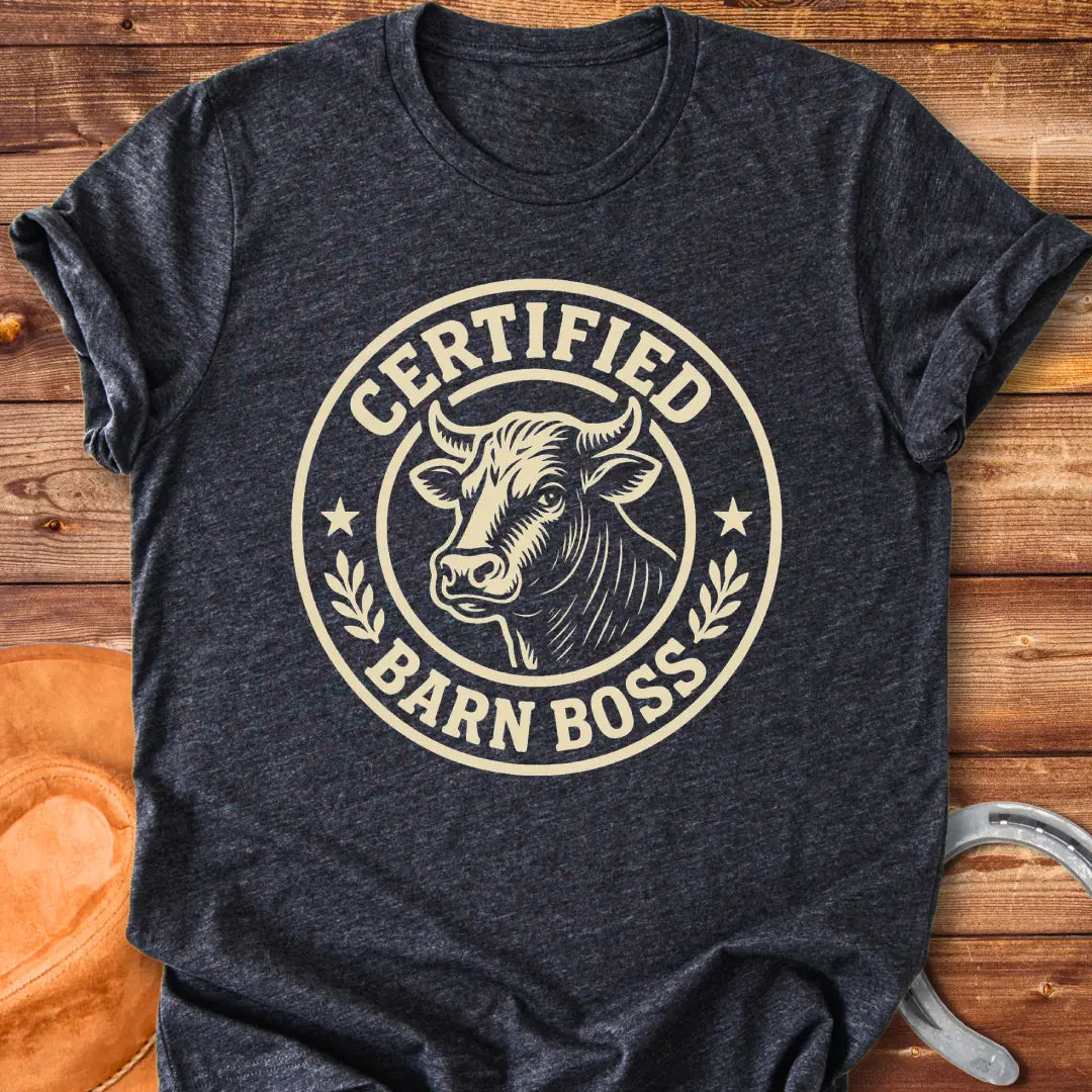 Certified Barn Boss t-shirt design with a bull's head inside a circle