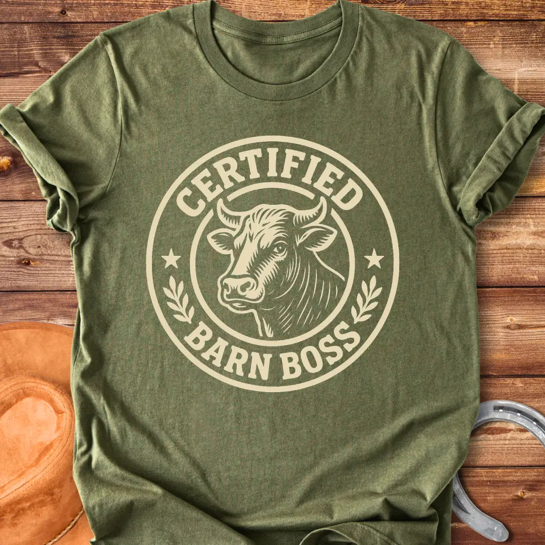 Certified Barn Boss t-shirt design with a bull's head inside a circle