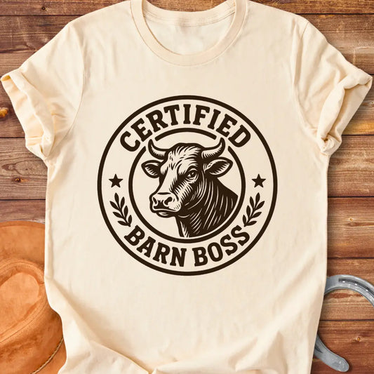 Certified Barn Boss t-shirt design with a bull's head inside a circle