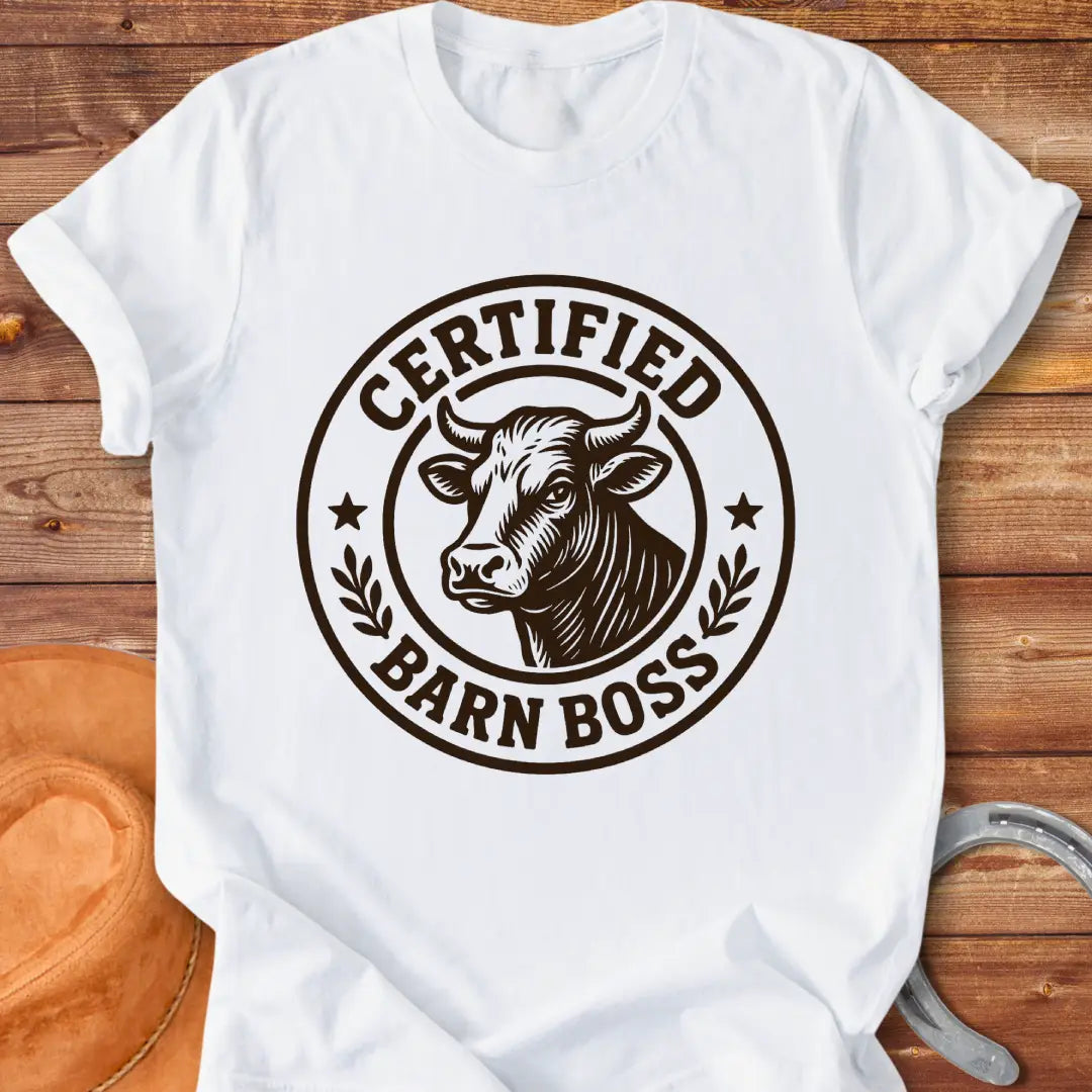 Certified Barn Boss t-shirt design with a bull's head inside a circle