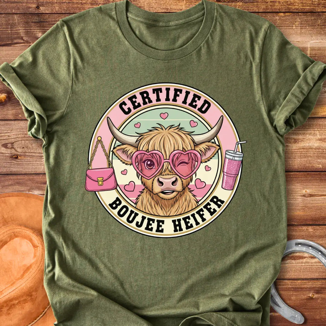 A cute cartoon highland cow wearing heart-shaped sunglasses, a purse, and a drink, labeled Certified Boujee Heifer.