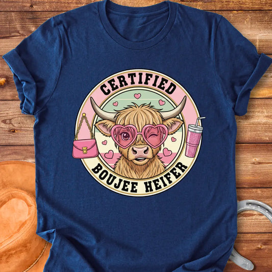 A cute cartoon highland cow wearing heart-shaped sunglasses, a purse, and a drink, labeled Certified Boujee Heifer.