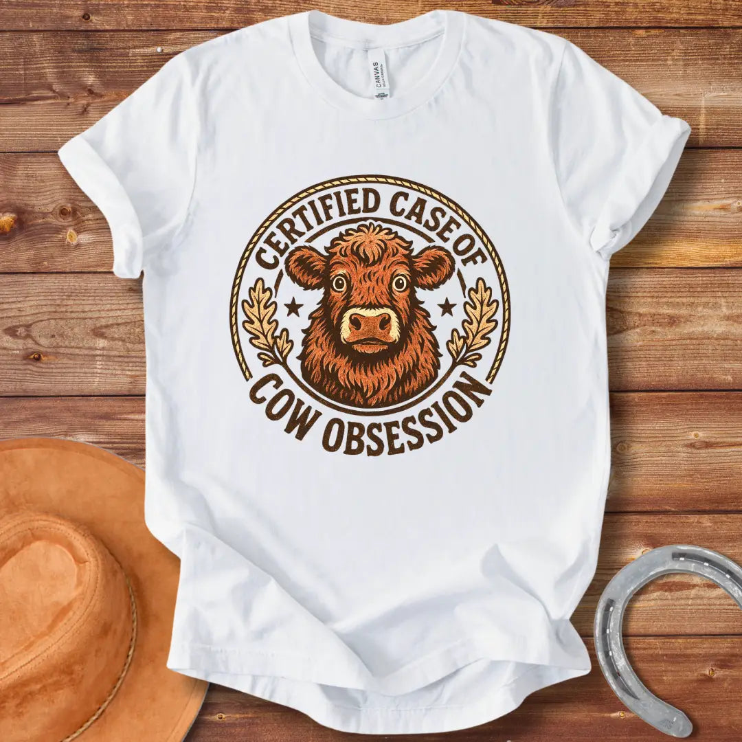 Illustration of a fluffy cow with the words 'Certified Case of Cow Obsession' around it.