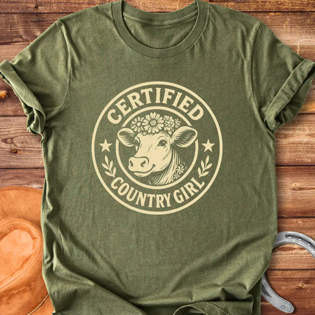 Certified Country Girl T-shirt featuring a cow with a floral crown inside a circular design.