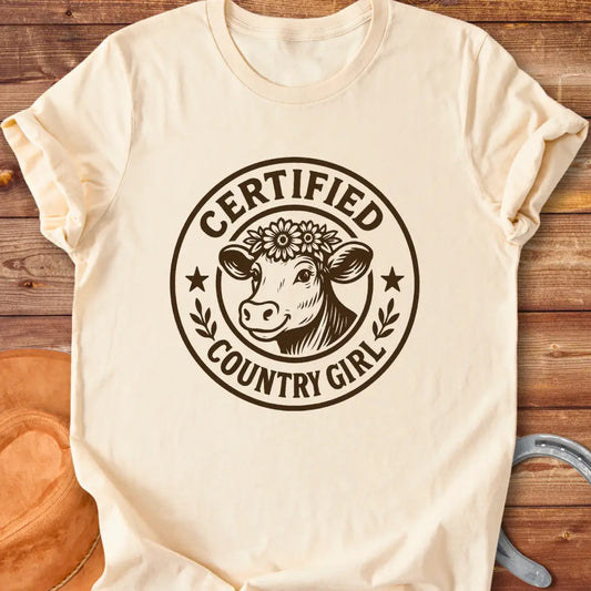 Certified Country Girl T-shirt featuring a cow with a floral crown inside a circular design.