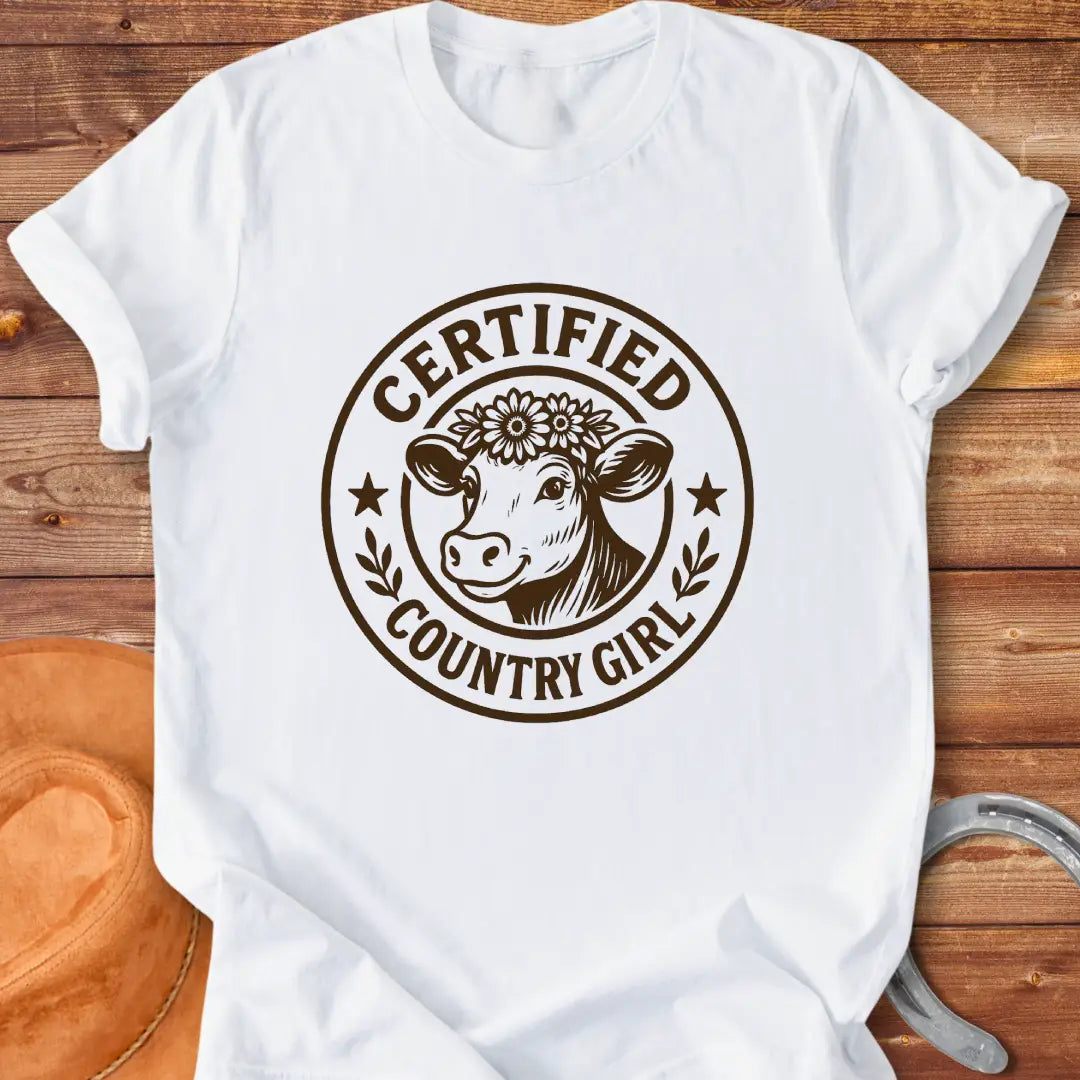 Certified Country Girl T-shirt featuring a cow with a floral crown inside a circular design.