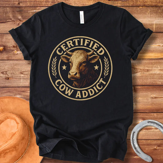 Certified Cow Addict T-Shirt design featuring a detailed cow portrait inside a circular badge.