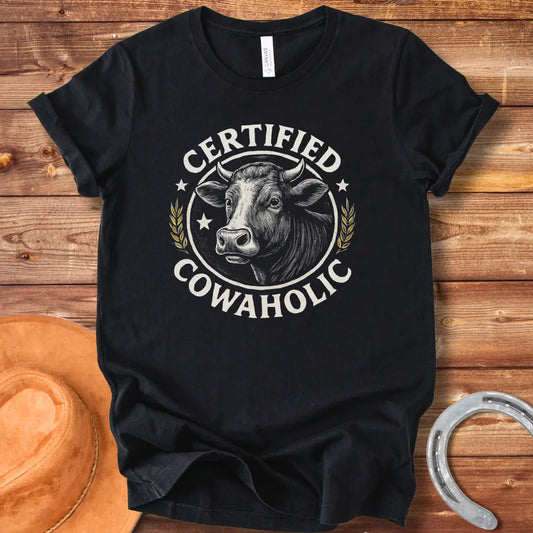 Certified Cowaholic T-shirt design featuring a cow's head in a circular badge, surrounded by text and wheat stalks.