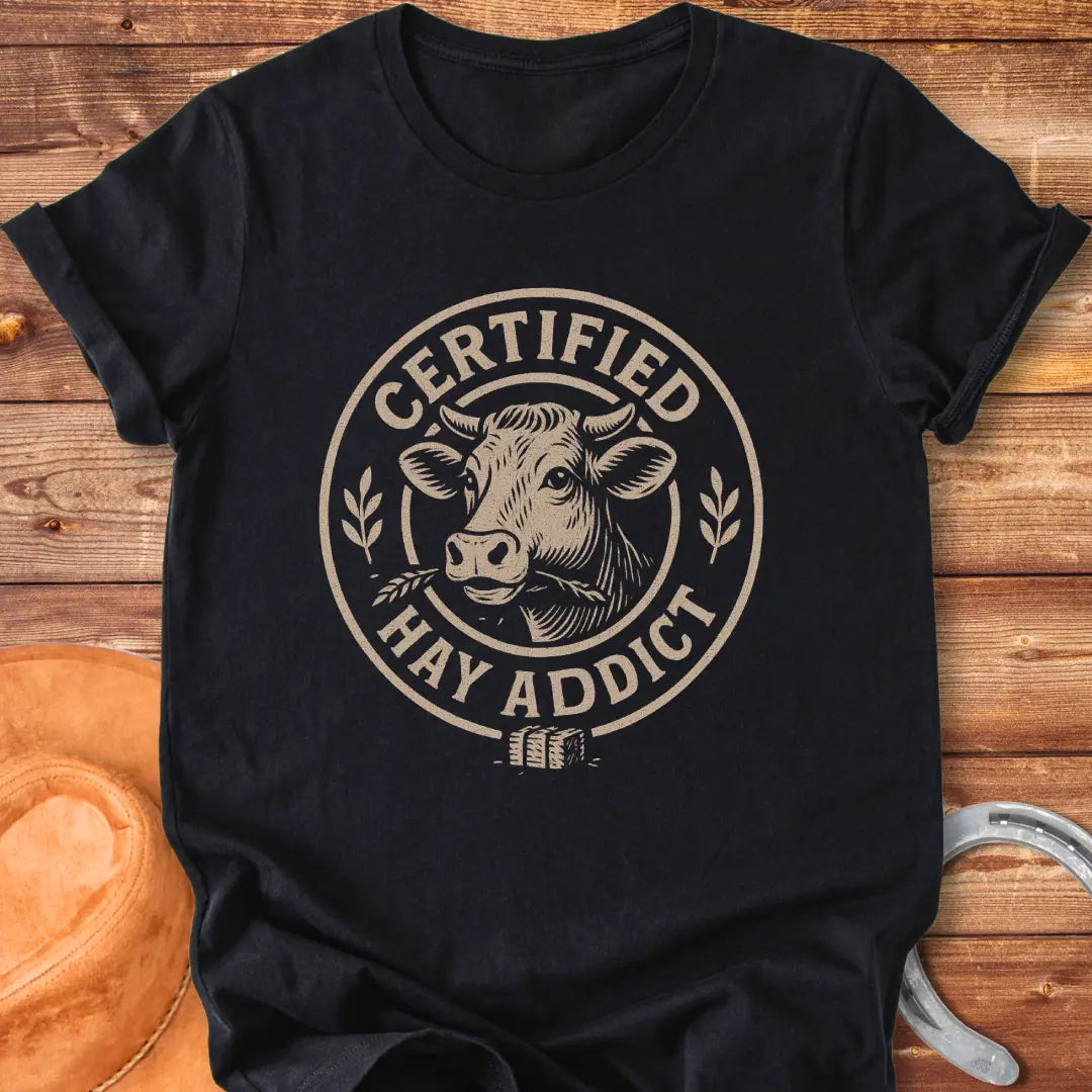 Certified Hay Addict T-Shirt featuring a cow illustration within a circle with text