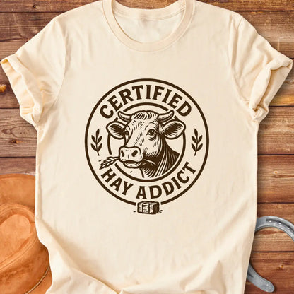 Certified Hay Addict T-Shirt featuring a cow illustration within a circle with text
