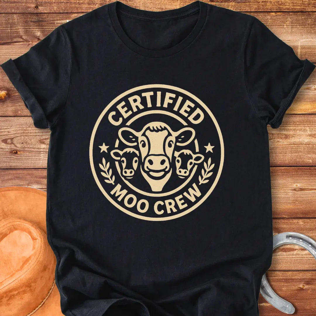 Certified Moo Crew T-shirt design featuring three cow faces inside a circle with text reading 'Certified Moo Crew'.