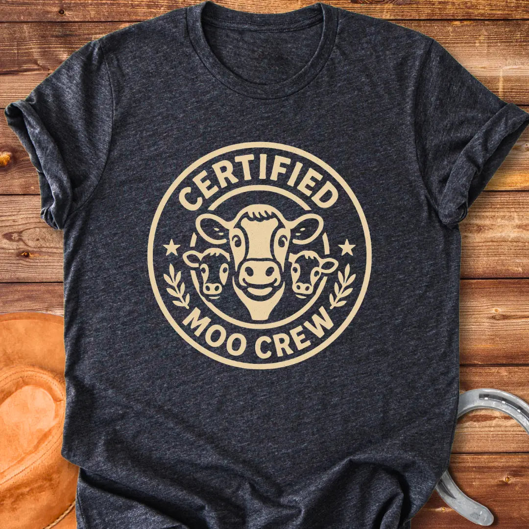 Certified Moo Crew T-shirt design featuring three cow faces inside a circle with text reading 'Certified Moo Crew'.