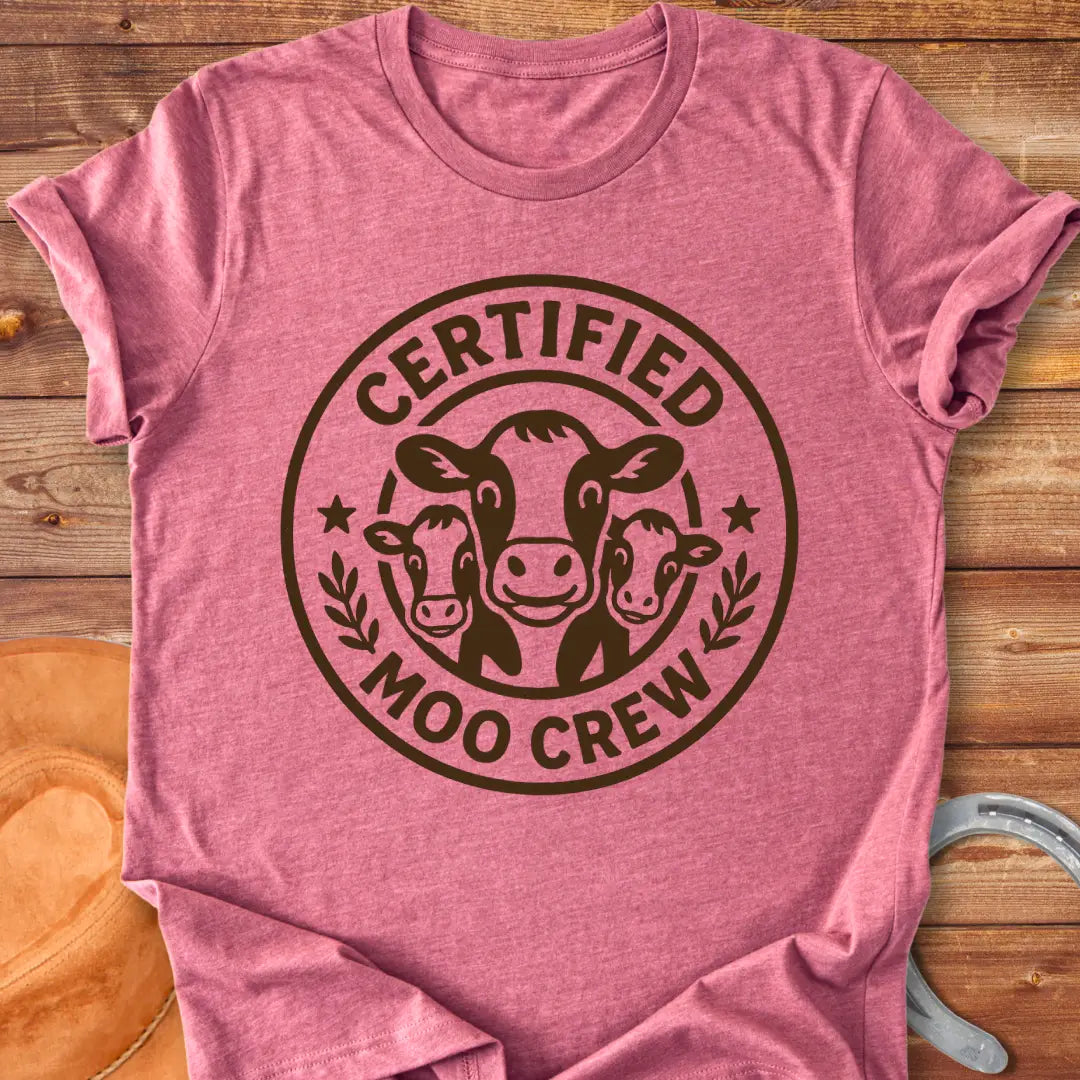 Certified Moo Crew T-shirt design featuring three cow faces inside a circle with text reading 'Certified Moo Crew'.