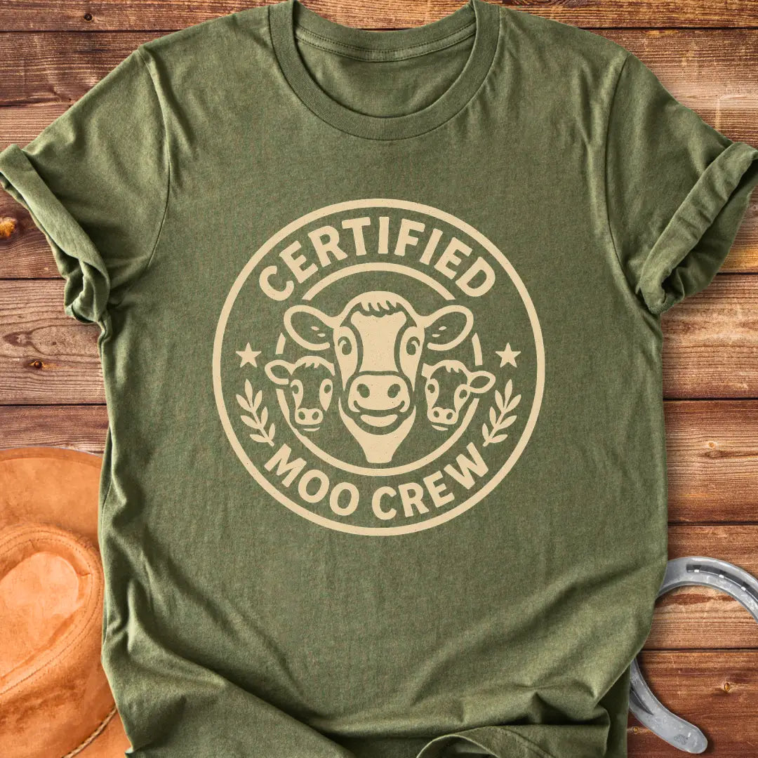 Certified Moo Crew T-shirt design featuring three cow faces inside a circle with text reading 'Certified Moo Crew'.