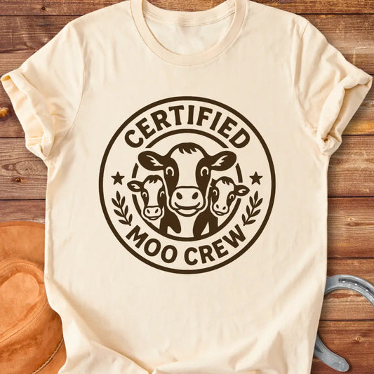 Certified Moo Crew T-shirt design featuring three cow faces inside a circle with text reading 'Certified Moo Crew'.