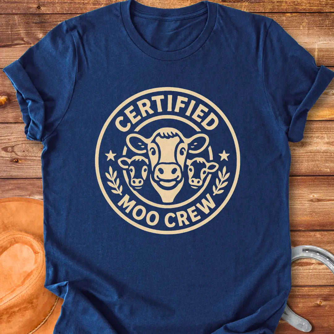Certified Moo Crew T-shirt design featuring three cow faces inside a circle with text reading 'Certified Moo Crew'.