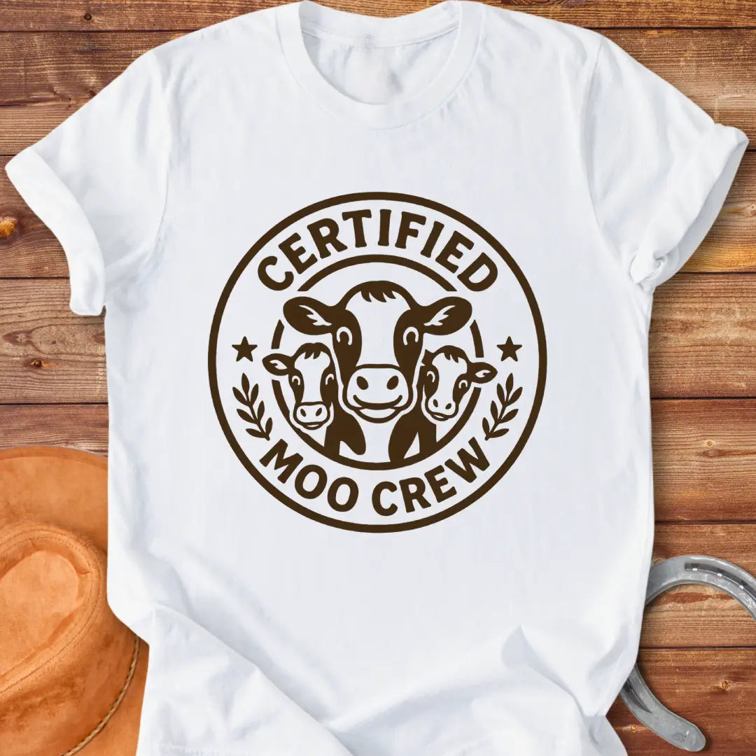Certified Moo Crew T-shirt design featuring three cow faces inside a circle with text reading 'Certified Moo Crew'.