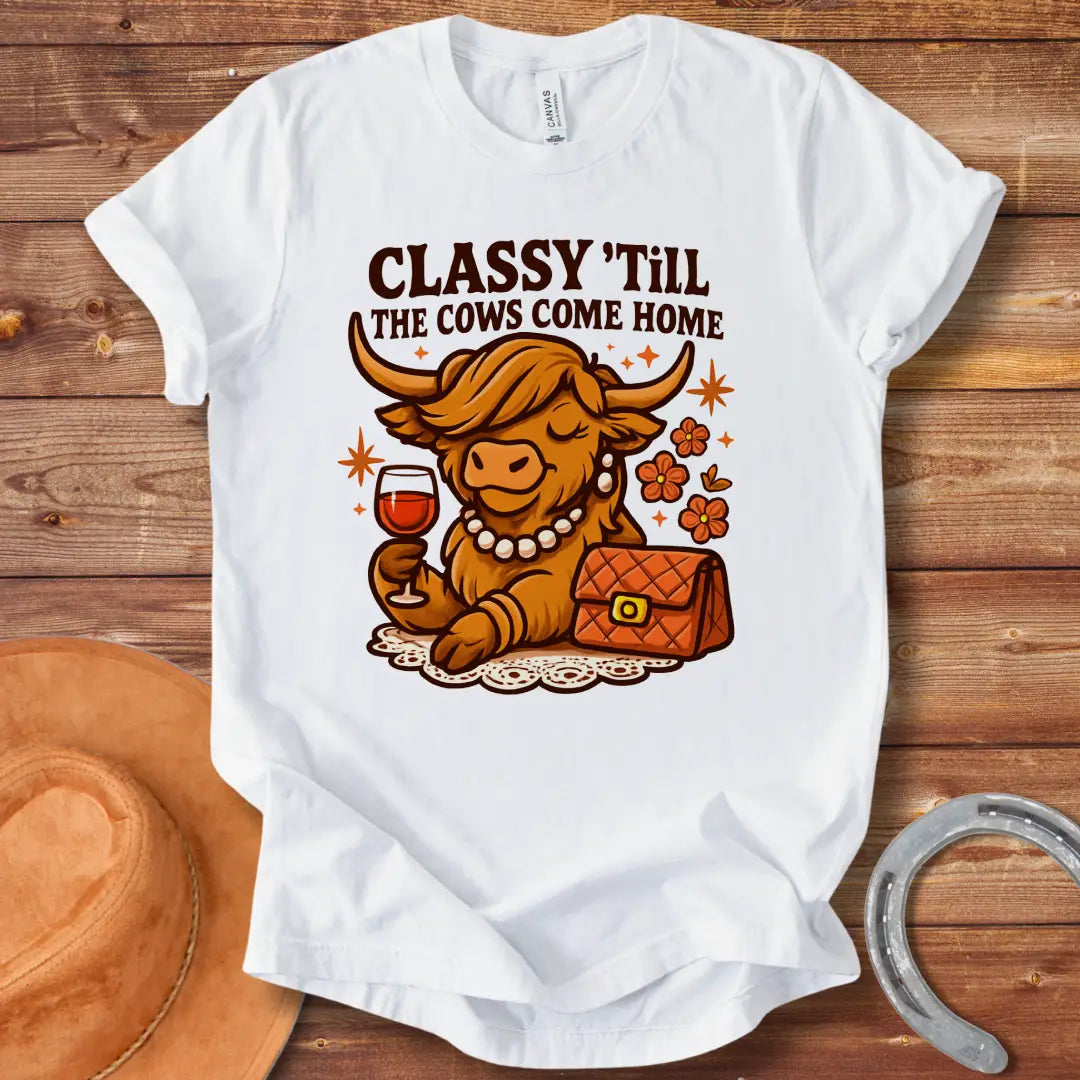 A stylish cow wearing a pearl necklace and holding a glass of wine, with the words "Classy 'Till The Cows Come Home".