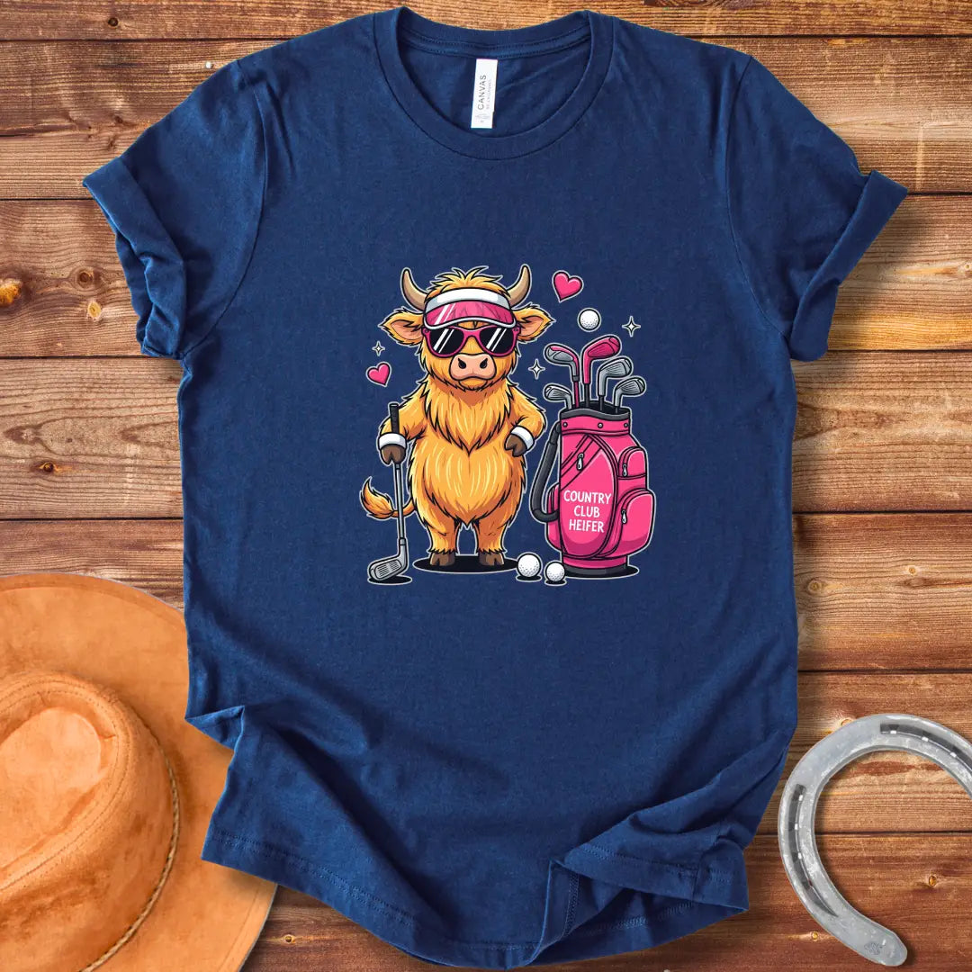 Cartoon illustration of a stylish Highland cow wearing sunglasses and a visor, holding a golf club next to a golf bag that reads 'Country Club Heifer.'