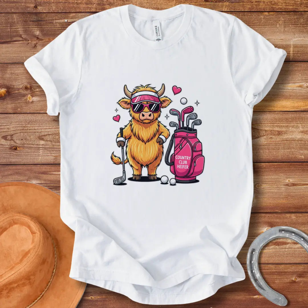 Cartoon illustration of a stylish Highland cow wearing sunglasses and a visor, holding a golf club next to a golf bag that reads 'Country Club Heifer.'