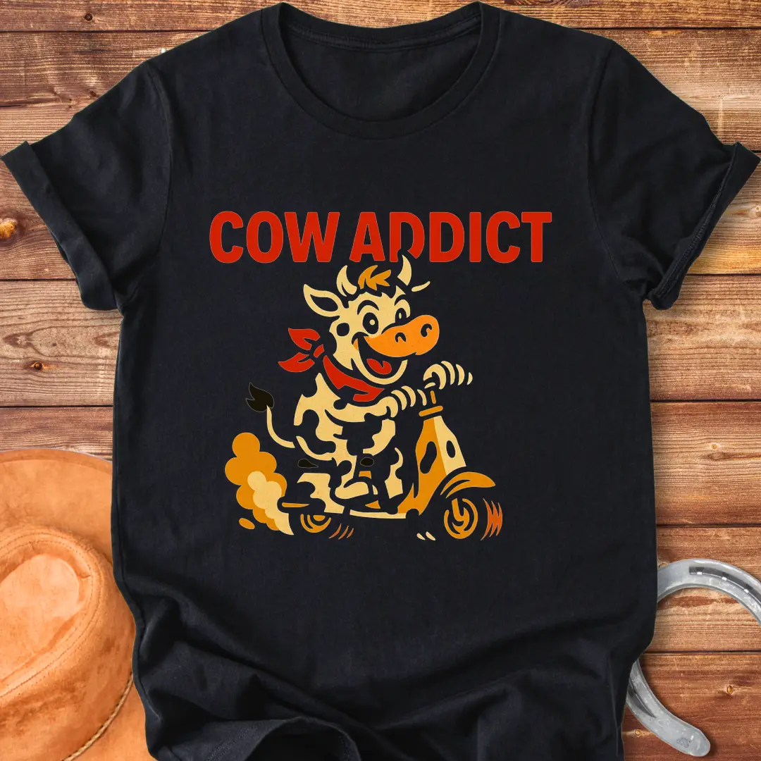 Cow Addict T-Shirt design featuring a cow riding a scooter