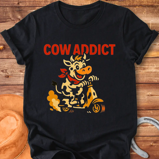 Cow Addict T-Shirt design featuring a cow riding a scooter