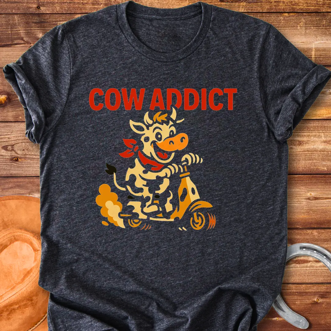 Cow Addict T-Shirt design featuring a cow riding a scooter