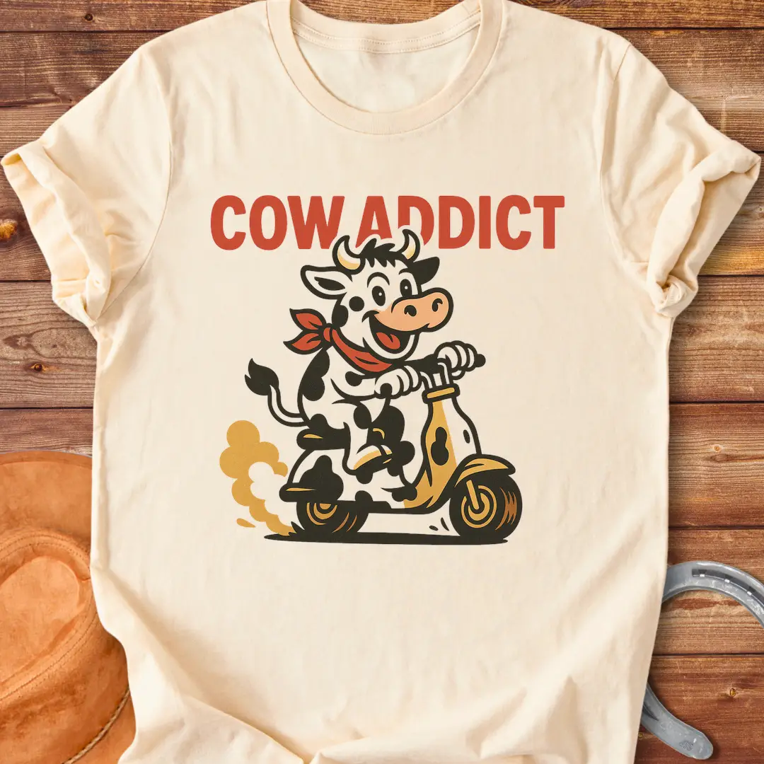 Cow Addict T-Shirt design featuring a cow riding a scooter