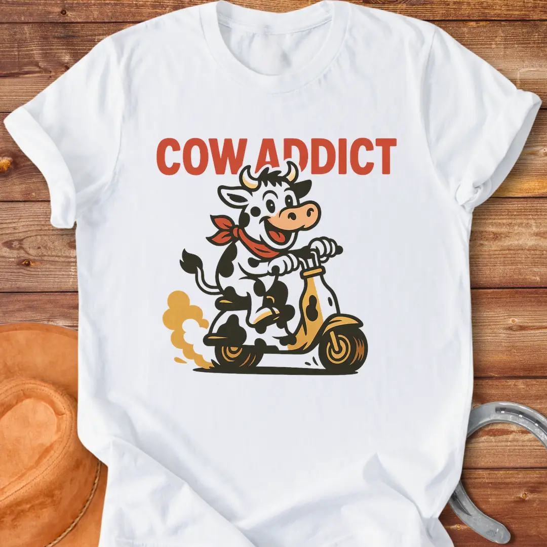Cow Addict T-Shirt design featuring a cow riding a scooter