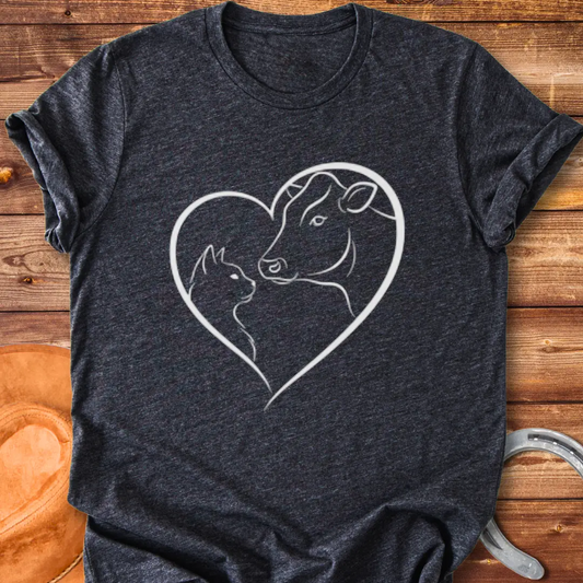 Line art design of a cow and cat forming a heart shape, expressing love and affection.