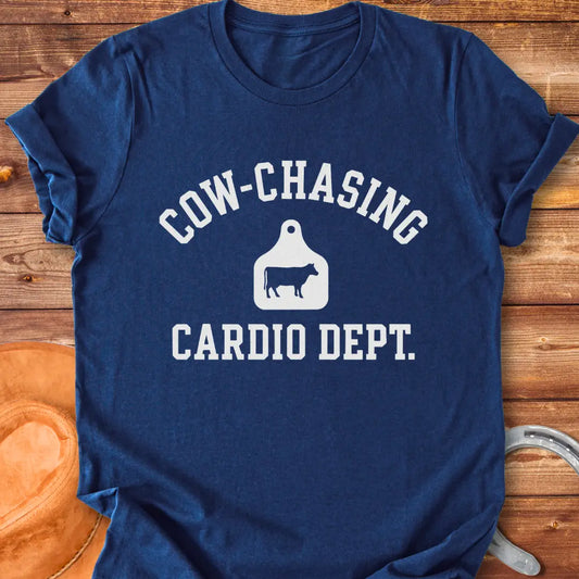 Cow Chasing Cardio Dept T-Shirt design featuring a cow tag and playful text