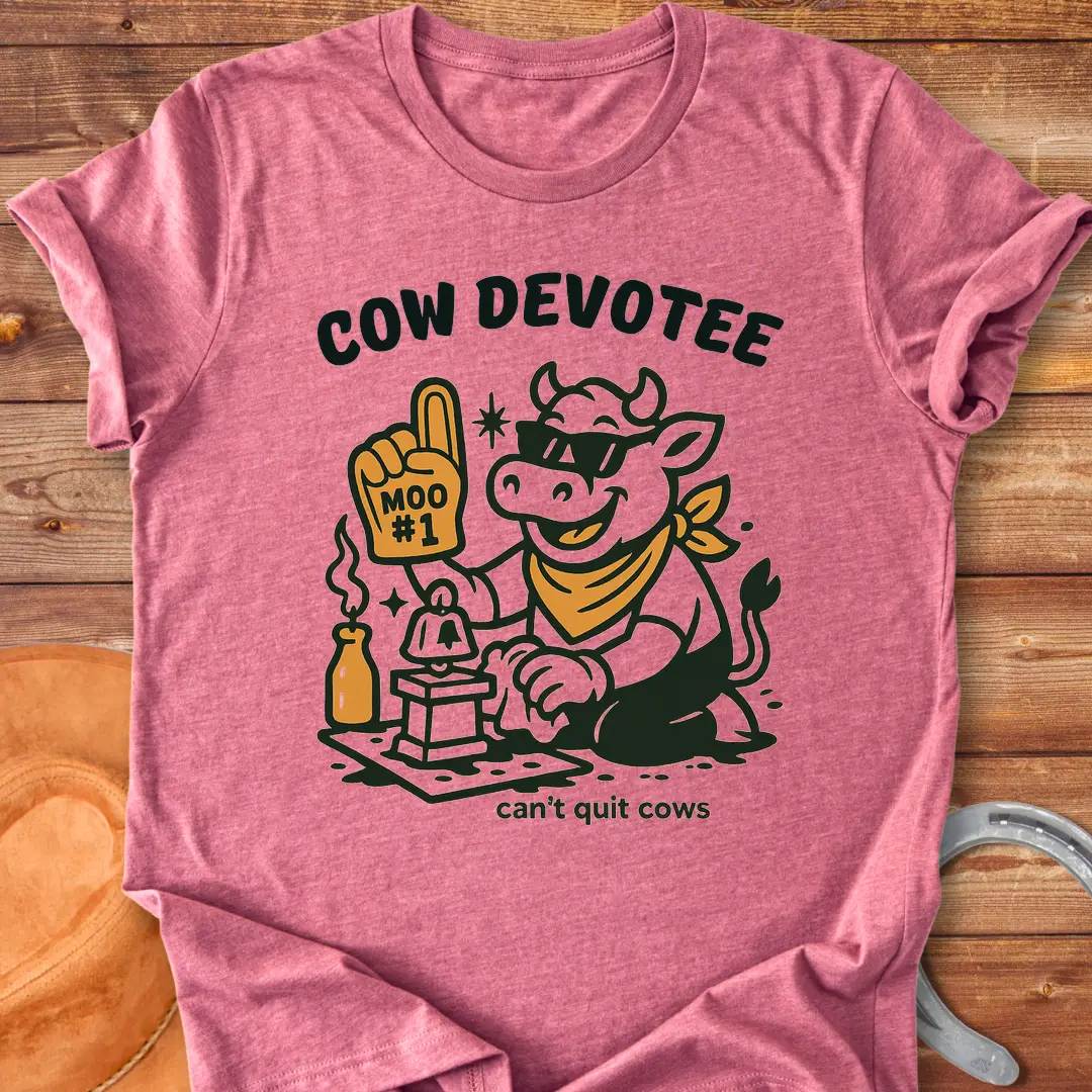 Cow Devotee T-Shirt design featuring a cool cow wearing sunglasses and a bandana, holding a foam finger that says Moo #1