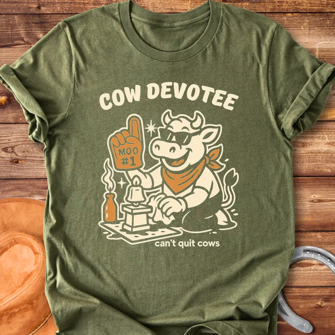 Cow Devotee T-Shirt design featuring a cool cow wearing sunglasses and a bandana, holding a foam finger that says Moo #1